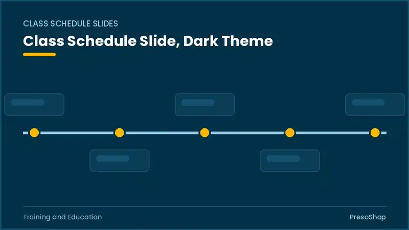 Editable PowerPoint class schedule slide template in a dark theme, built from recolourable native shapes for training and education decks