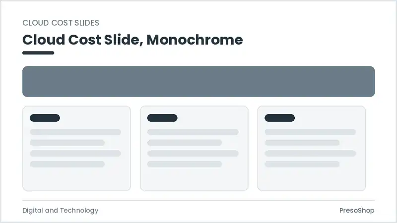 Editable PowerPoint cloud cost slide template in a monochrome treatment, built from recolourable native shapes for digital and technology decks