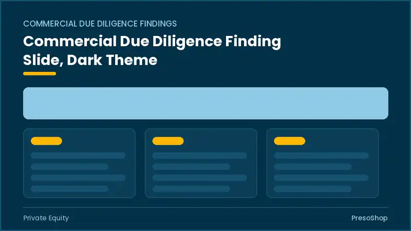 Editable PowerPoint commercial due diligence finding slide template in a dark theme, built from recolourable native shapes for private equity decks