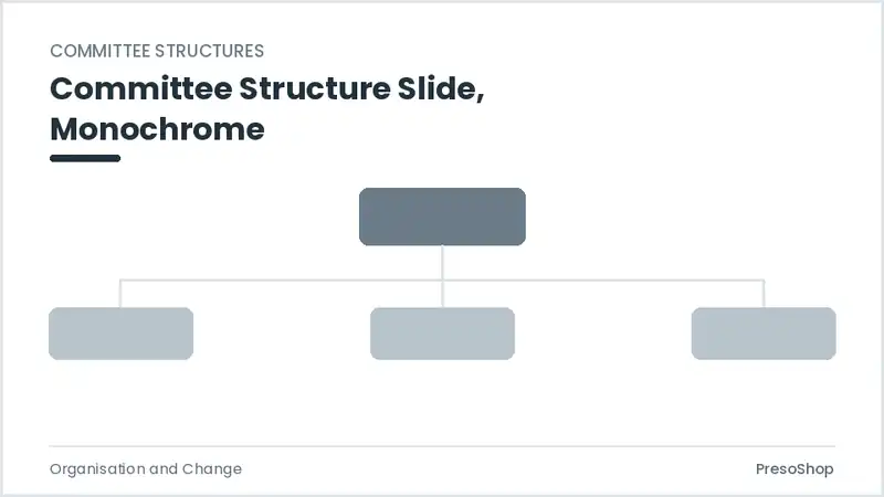 Editable PowerPoint committee structure slide template in a monochrome treatment, built from recolourable native shapes for organisation and change decks