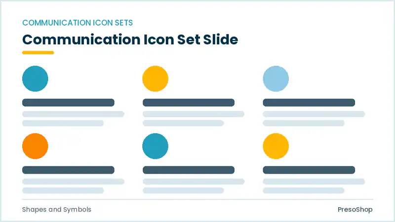 Editable PowerPoint communication icon set slide template, built from recolourable native shapes for shapes and symbols decks