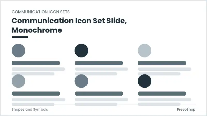 Editable PowerPoint communication icon set slide template in a monochrome treatment, built from recolourable native shapes for shapes and symbols decks