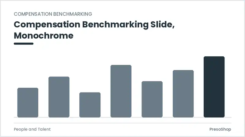 Editable PowerPoint compensation benchmarking slide template in a monochrome treatment, built from recolourable native shapes for people and talent decks