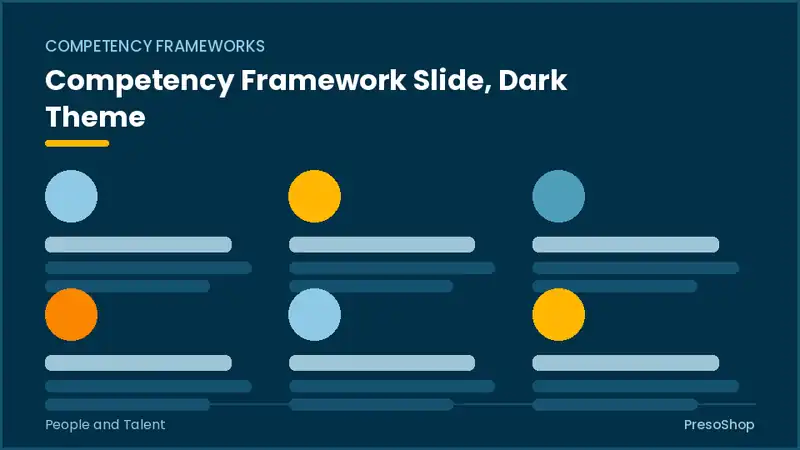 Editable PowerPoint competency framework slide template in a dark theme, built from recolourable native shapes for people and talent decks