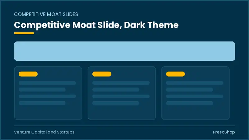 Editable PowerPoint competitive moat slide template in a dark theme, built from recolourable native shapes for venture capital and startups decks