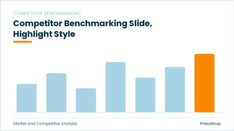 Editable PowerPoint competitor benchmarking slide template with an accented takeaway, built from recolourable native shapes for market and competitive analysis decks