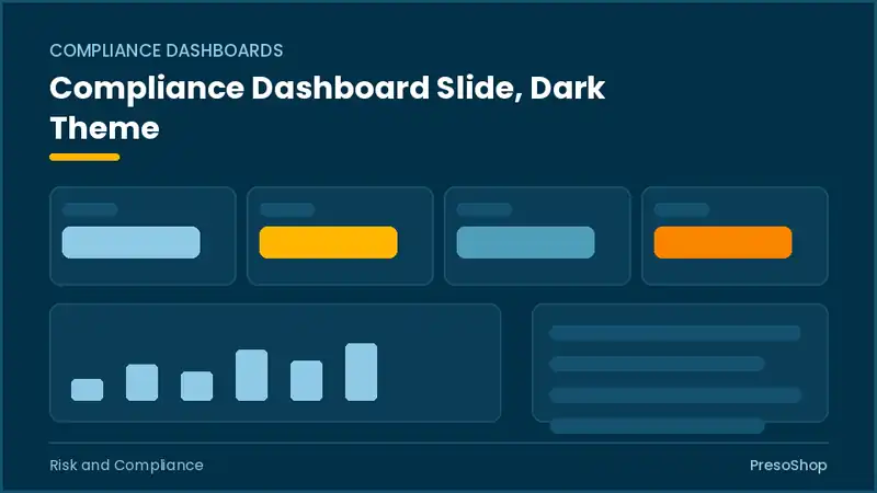 Editable PowerPoint compliance dashboard slide template in a dark theme, built from recolourable native shapes for risk and compliance decks