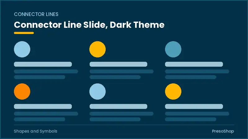 Editable PowerPoint connector line slide template in a dark theme, built from recolourable native shapes for shapes and symbols decks