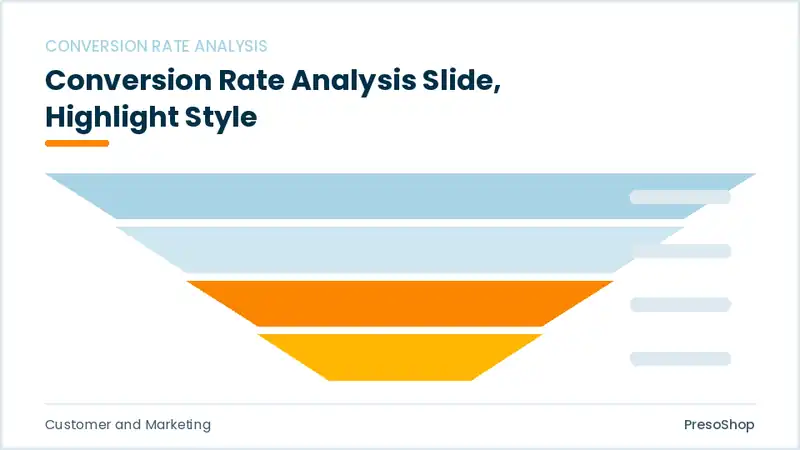 Editable PowerPoint conversion rate analysis slide template with an accented takeaway, built from recolourable native shapes for customer and marketing decks
