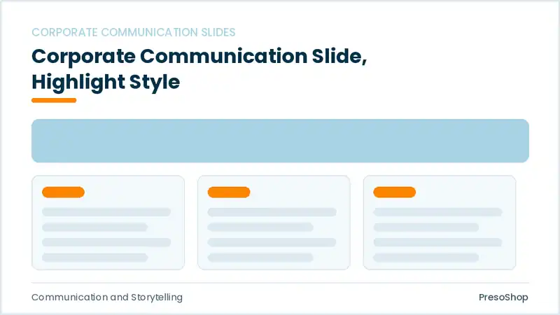 Editable PowerPoint corporate communication slide template with an accented takeaway, built from recolourable native shapes for communication and storytelling decks