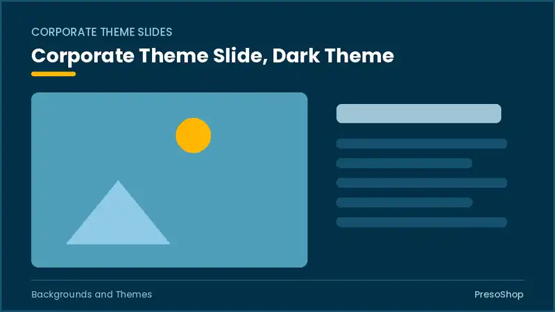 Editable PowerPoint corporate theme slide template in a dark theme, built from recolourable native shapes for backgrounds and themes decks