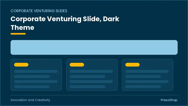 Editable PowerPoint corporate venturing slide template in a dark theme, built from recolourable native shapes for innovation and creativity decks