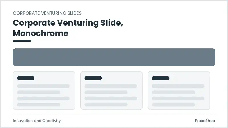 Editable PowerPoint corporate venturing slide template in a monochrome treatment, built from recolourable native shapes for innovation and creativity decks