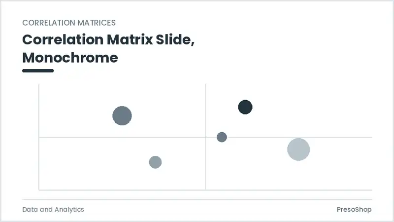 Editable PowerPoint correlation matrix slide template in a monochrome treatment, built from recolourable native shapes for data and analytics decks