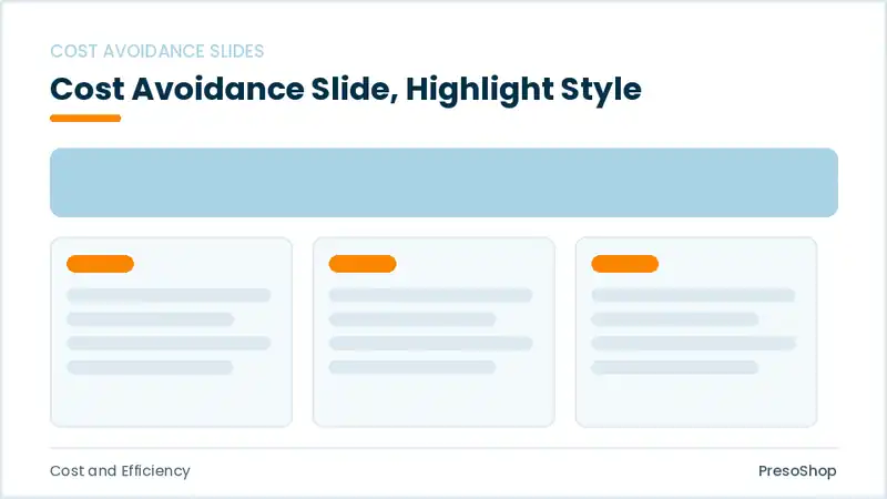 Editable PowerPoint cost avoidance slide template with an accented takeaway, built from recolourable native shapes for cost and efficiency decks