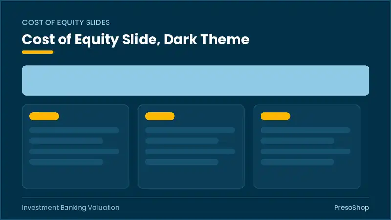 Editable PowerPoint cost of equity slide template in a dark theme, built from recolourable native shapes for investment banking valuation decks