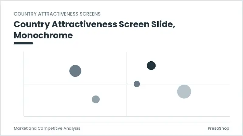 Editable PowerPoint country attractiveness screen slide template in a monochrome treatment, built from recolourable native shapes for market and competitive analysis decks
