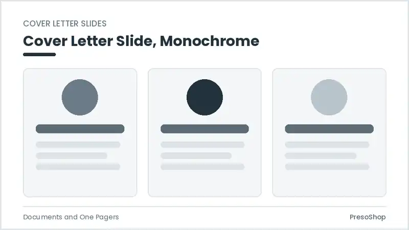 Editable PowerPoint cover letter slide template in a monochrome treatment, built from recolourable native shapes for documents and one pagers decks