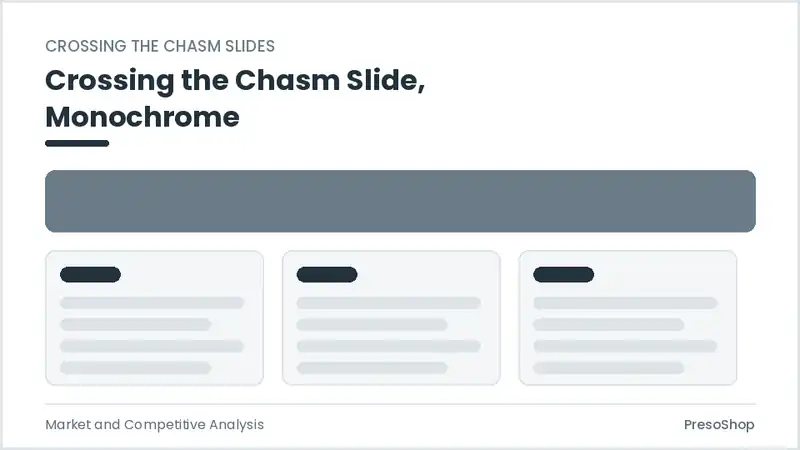 Editable PowerPoint crossing the chasm slide template in a monochrome treatment, built from recolourable native shapes for market and competitive analysis decks