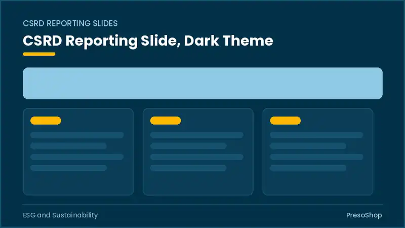 Editable PowerPoint csrd reporting slide template in a dark theme, built from recolourable native shapes for esg and sustainability decks