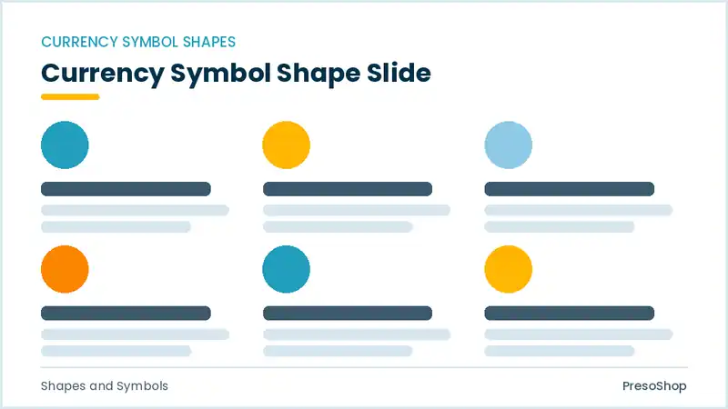 Editable PowerPoint currency symbol shape slide template, built from recolourable native shapes for shapes and symbols decks