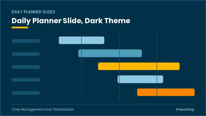 Editable PowerPoint daily planner slide template in a dark theme, built from recolourable native shapes for time management and prioritisation decks