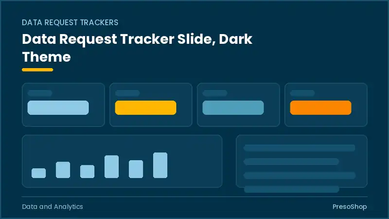 Editable PowerPoint data request tracker slide template in a dark theme, built from recolourable native shapes for data and analytics decks