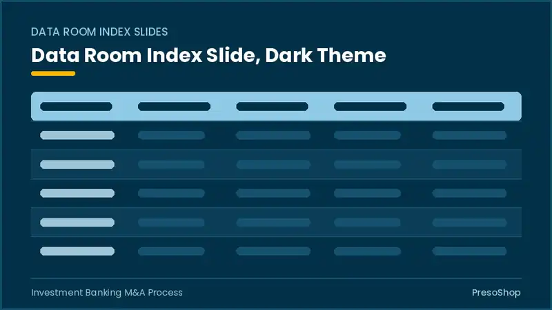 Editable PowerPoint data room index slide template in a dark theme, built from recolourable native shapes for investment banking m&a process decks