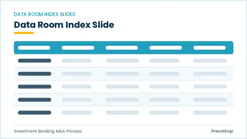 Editable PowerPoint data room index slide template, built from recolourable native shapes for investment banking m&a process decks