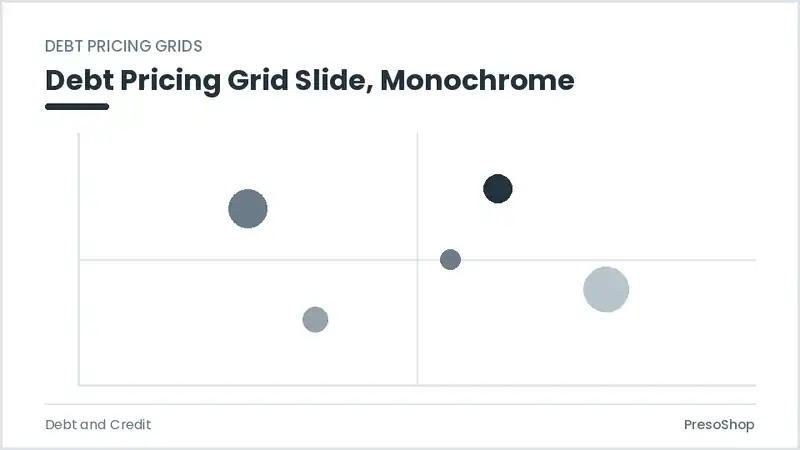 Editable PowerPoint debt pricing grid slide template in a monochrome treatment, built from recolourable native shapes for debt and credit decks