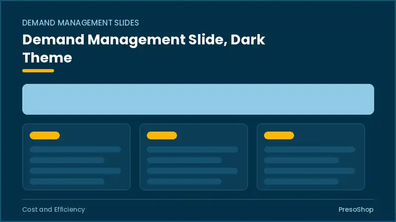 Editable PowerPoint demand management slide template in a dark theme, built from recolourable native shapes for cost and efficiency decks