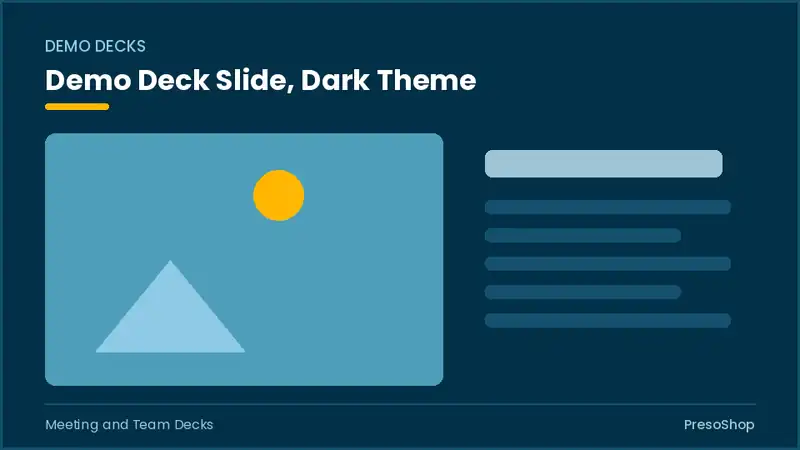 Editable PowerPoint demo deck slide template in a dark theme, built from recolourable native shapes for meeting and team decks decks