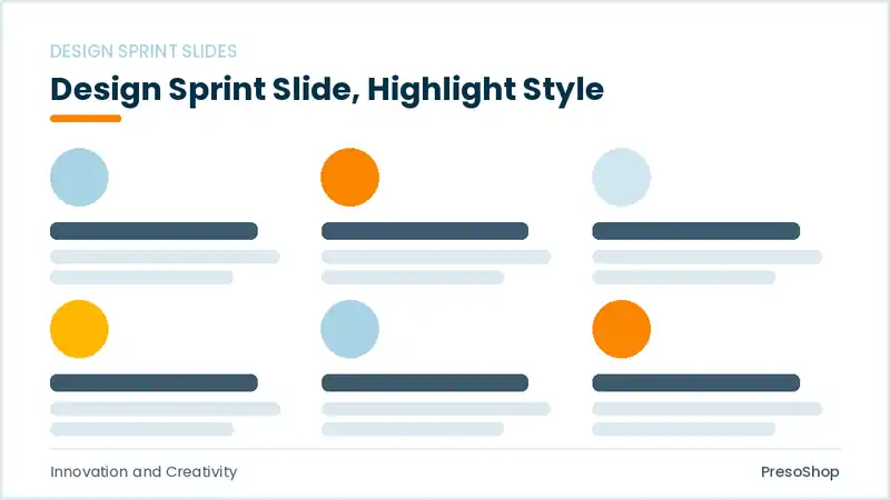 Editable PowerPoint design sprint slide template with an accented takeaway, built from recolourable native shapes for innovation and creativity decks