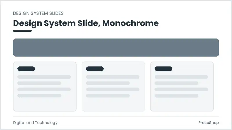 Editable PowerPoint design system slide template in a monochrome treatment, built from recolourable native shapes for digital and technology decks