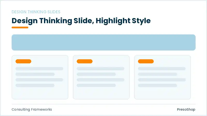 Editable PowerPoint design thinking slide template with an accented takeaway, built from recolourable native shapes for consulting frameworks decks