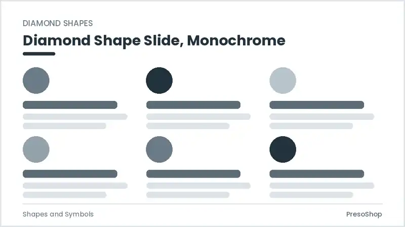 Editable PowerPoint diamond shape slide template in a monochrome treatment, built from recolourable native shapes for shapes and symbols decks