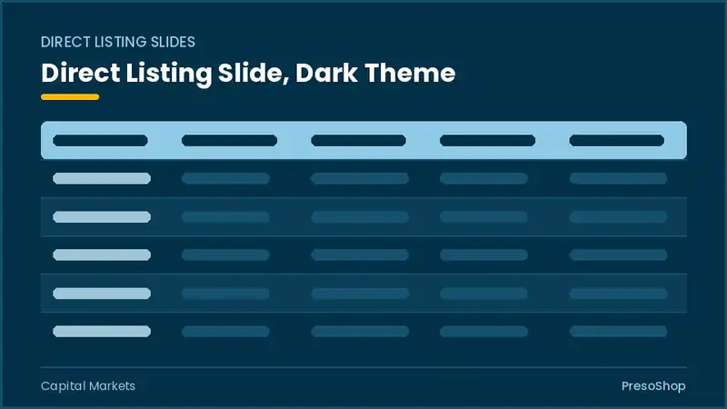 Editable PowerPoint direct listing slide template in a dark theme, built from recolourable native shapes for capital markets decks