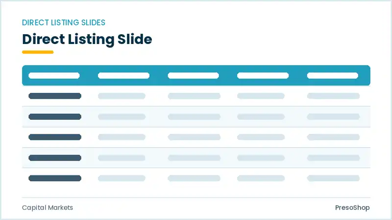 Editable PowerPoint direct listing slide template, built from recolourable native shapes for capital markets decks