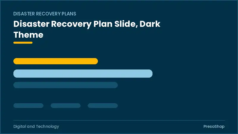 Editable PowerPoint disaster recovery plan slide template in a dark theme, built from recolourable native shapes for digital and technology decks