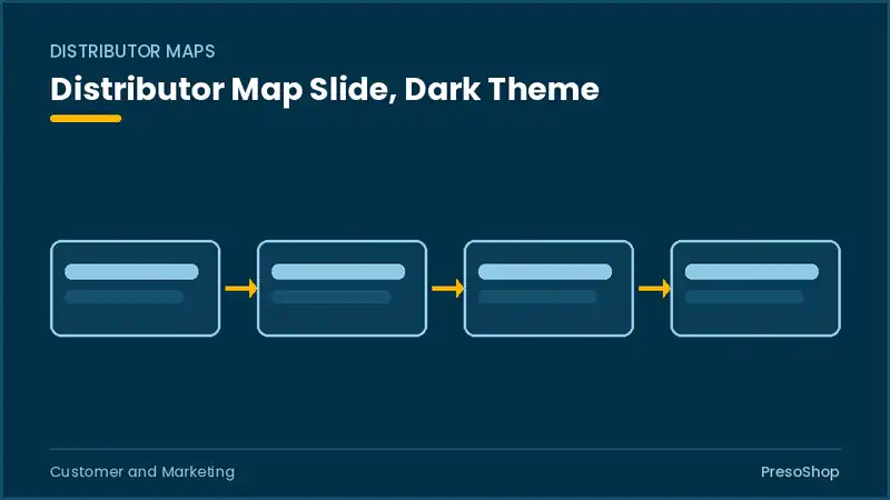 Editable PowerPoint distributor map slide template in a dark theme, built from recolourable native shapes for customer and marketing decks