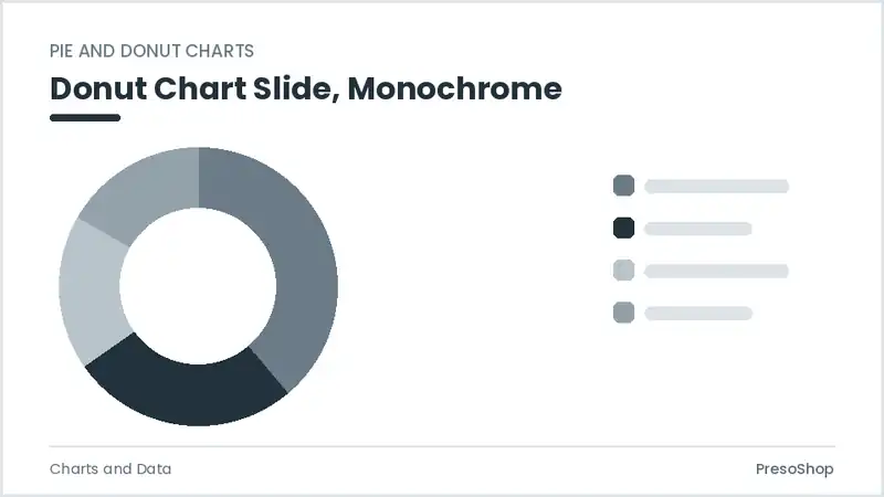 Editable PowerPoint donut chart slide template in a monochrome treatment, built from recolourable native shapes for charts and data decks
