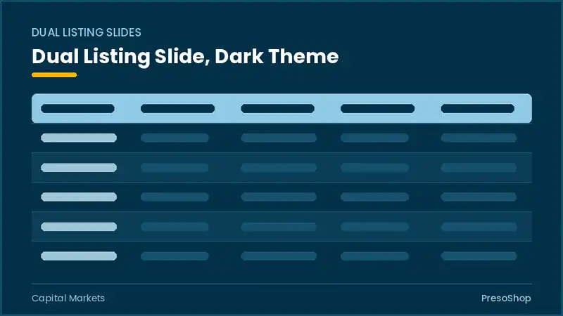 Editable PowerPoint dual listing slide template in a dark theme, built from recolourable native shapes for capital markets decks