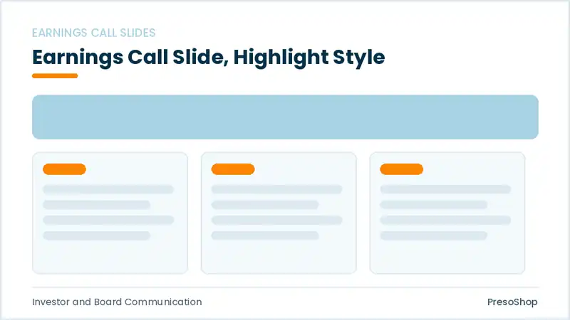 Editable PowerPoint earnings call slide template with an accented takeaway, built from recolourable native shapes for investor and board communication decks