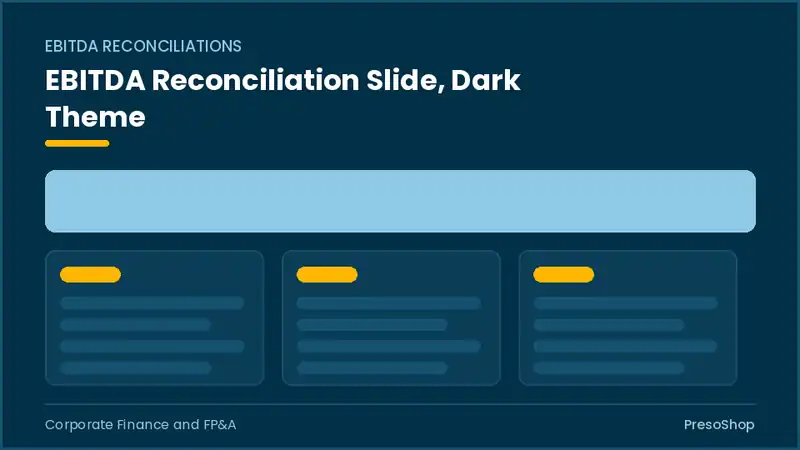 Editable PowerPoint ebitda reconciliation slide template in a dark theme, built from recolourable native shapes for corporate finance and fp&a decks
