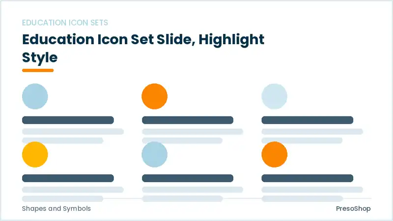 Editable PowerPoint education icon set slide template with an accented takeaway, built from recolourable native shapes for shapes and symbols decks