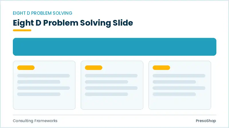 Editable PowerPoint eight d problem solving slide template, built from recolourable native shapes for consulting frameworks decks