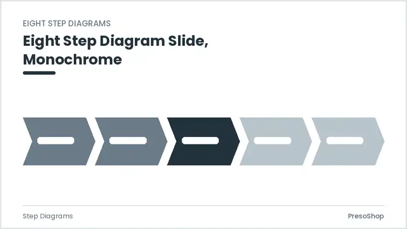Editable PowerPoint eight step diagram slide template in a monochrome treatment, built from recolourable native shapes for step diagrams decks