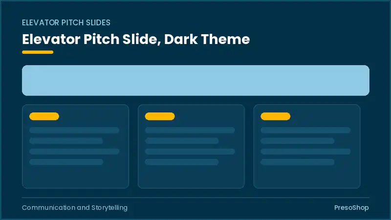 Editable PowerPoint elevator pitch slide template in a dark theme, built from recolourable native shapes for communication and storytelling decks