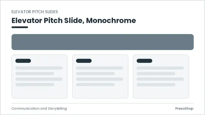 Editable PowerPoint elevator pitch slide template in a monochrome treatment, built from recolourable native shapes for communication and storytelling decks