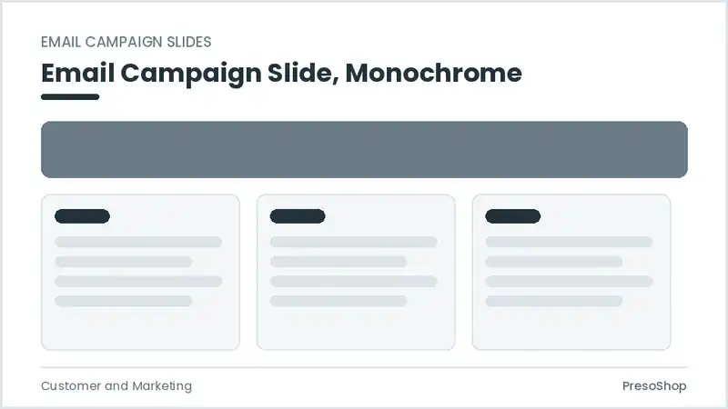 Editable PowerPoint email campaign slide template in a monochrome treatment, built from recolourable native shapes for customer and marketing decks